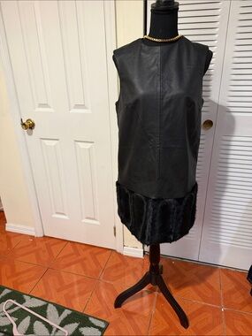 H&M Black Faux Leather Sleeveless Mini Dress with Fur Trim